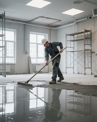 Worker applying SL9 self-levelling compound for residential house floor smooth home flooring finish
