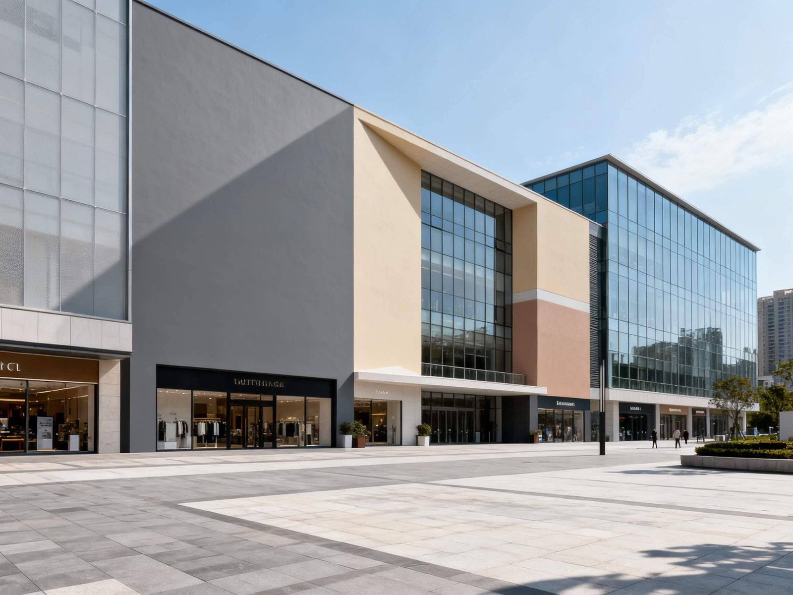 Commercial office building exterior with mildew resistant coating